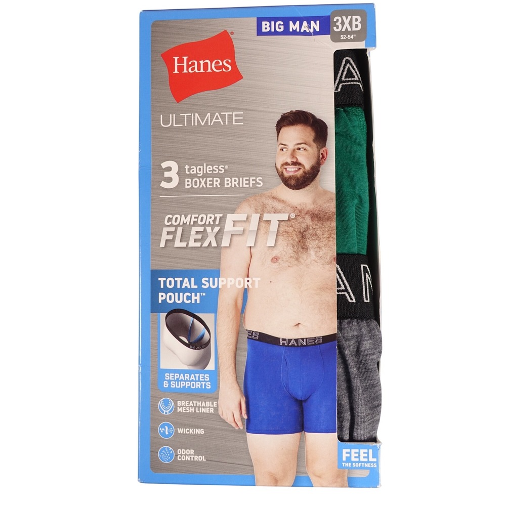 Hanes Ultimate Comfort Flex Fit 3 Pack Boxer Briefs Big Man 3XB Blue Green Grey